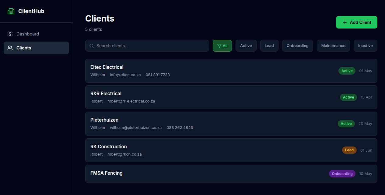 ClientHub - Client CRM Dashboard