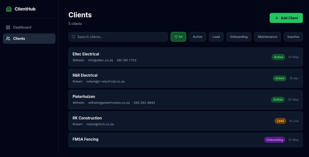 ClientHub - Client CRM Dashboard